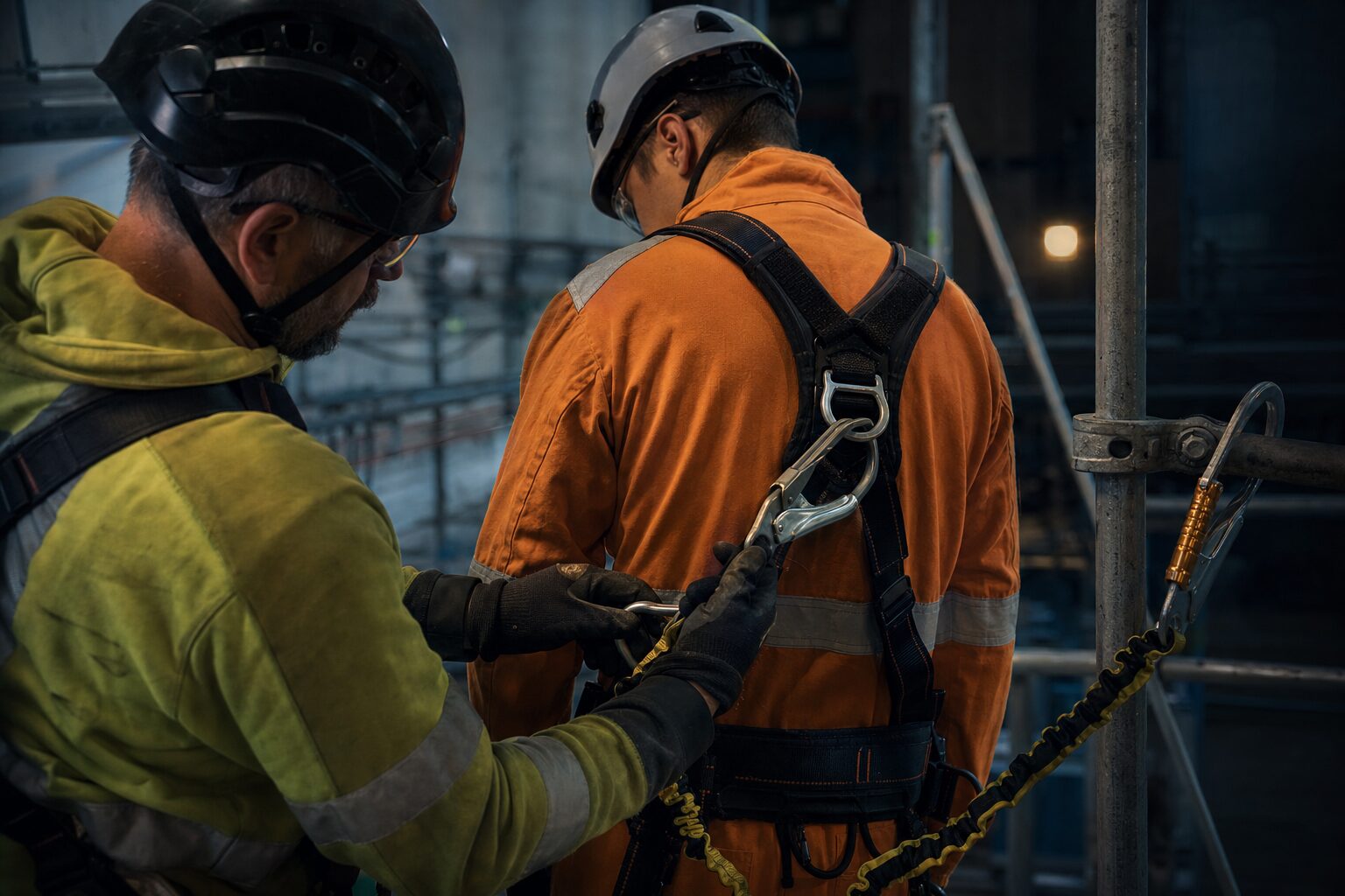 Instructor checking a trainee harness on a work-at-height rig