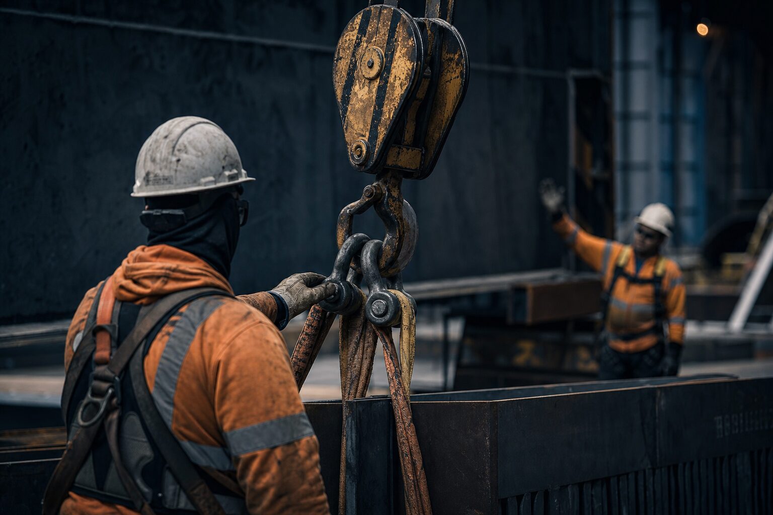 Rigger guiding a slung steel load with a crane hook