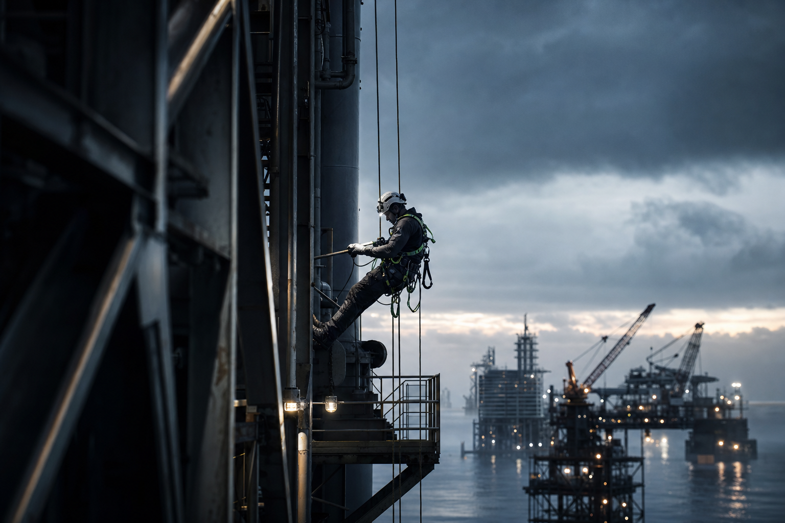 Rope-access technician descending an industrial structure
