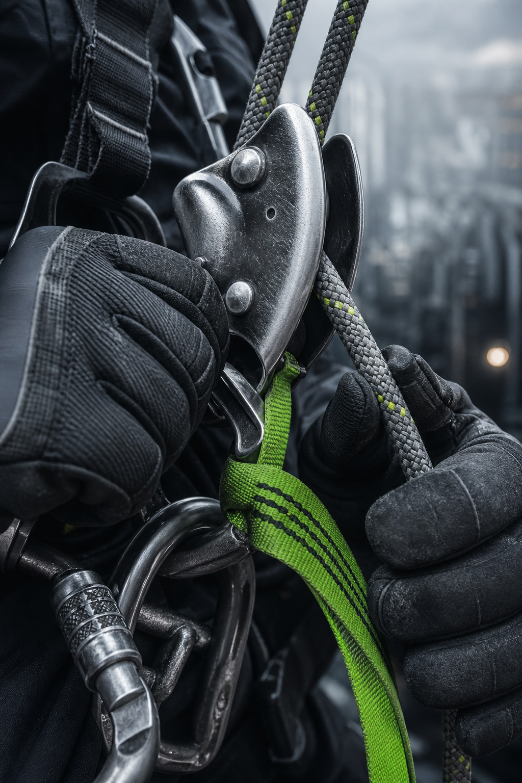 Rope access descender and carabiners