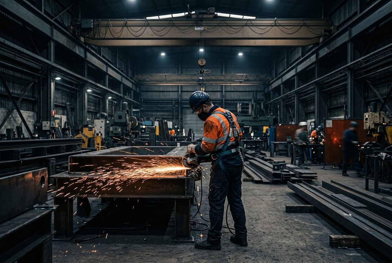 Fabrication shop with overhead gantry crane and welding work