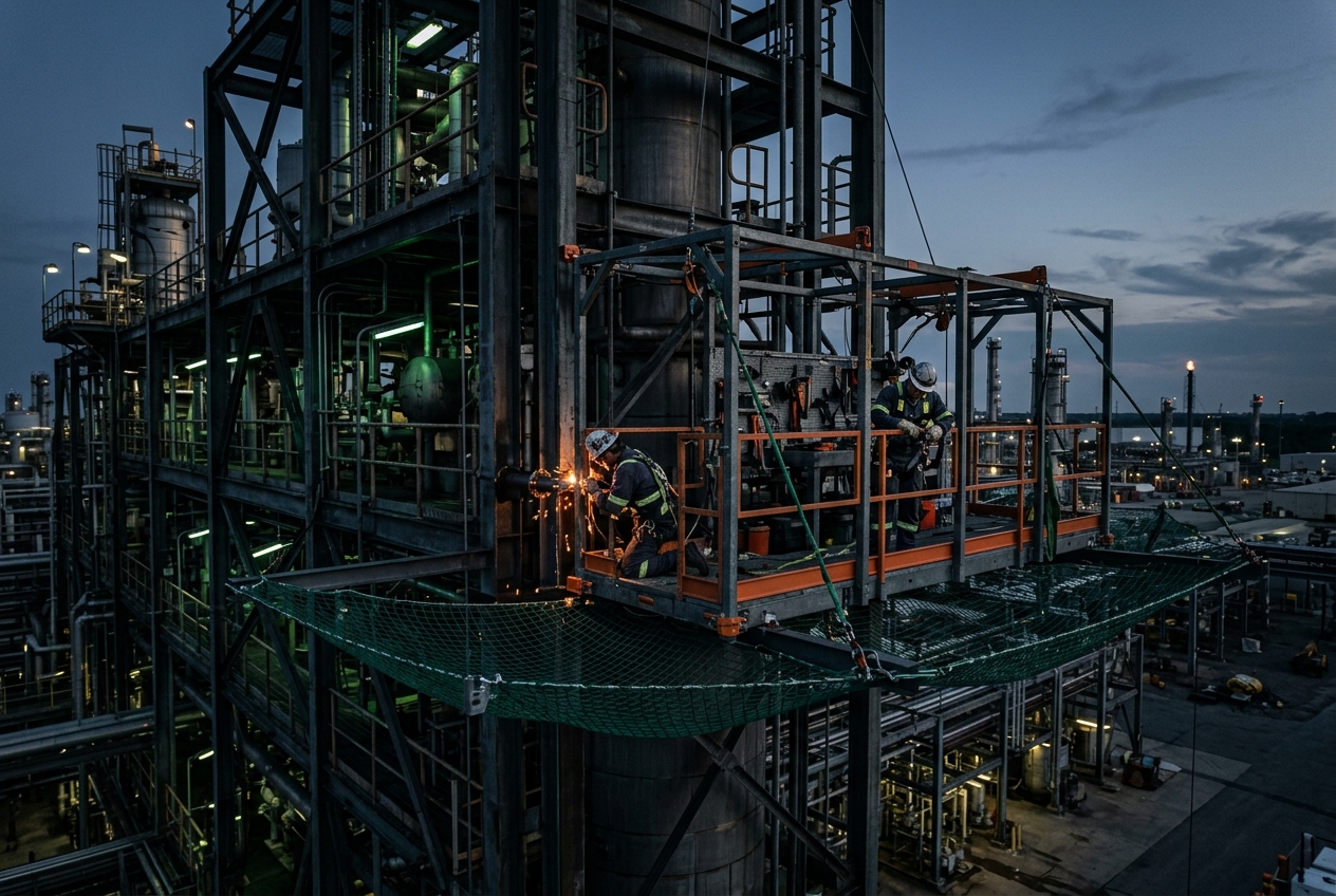 Engineered mobile work platform and tension netting on an industrial structure
