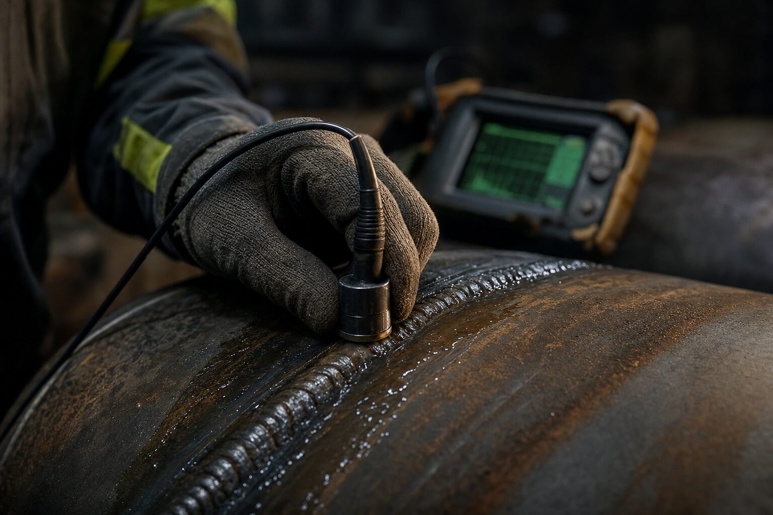 Ultrasonic thickness probe running over a pipe weld