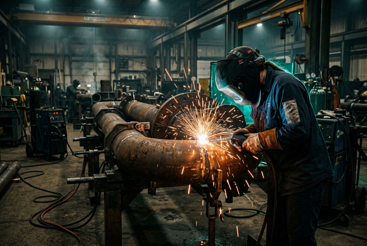 IRATOS welder fabricating a steel pipe spool