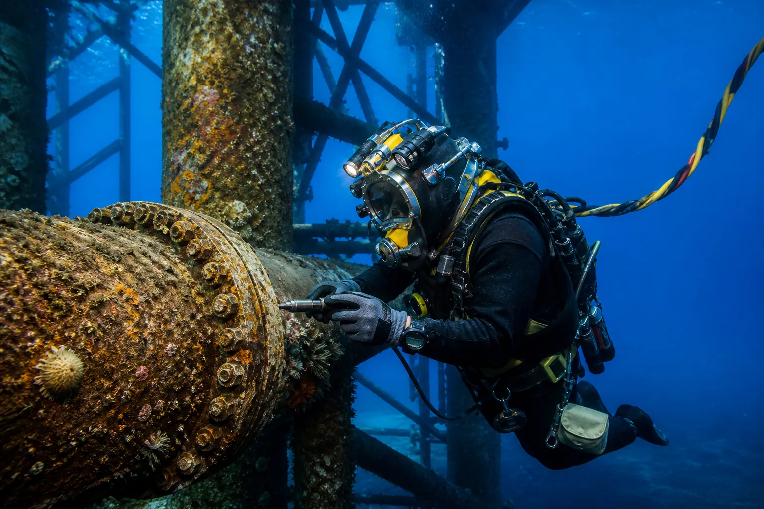 Commercial diver carrying out subsea maintenance